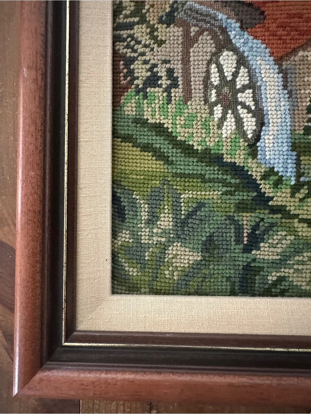 VINTAGE Handcrafted Needlepoint Rustic Waterwheel 16”x 20”